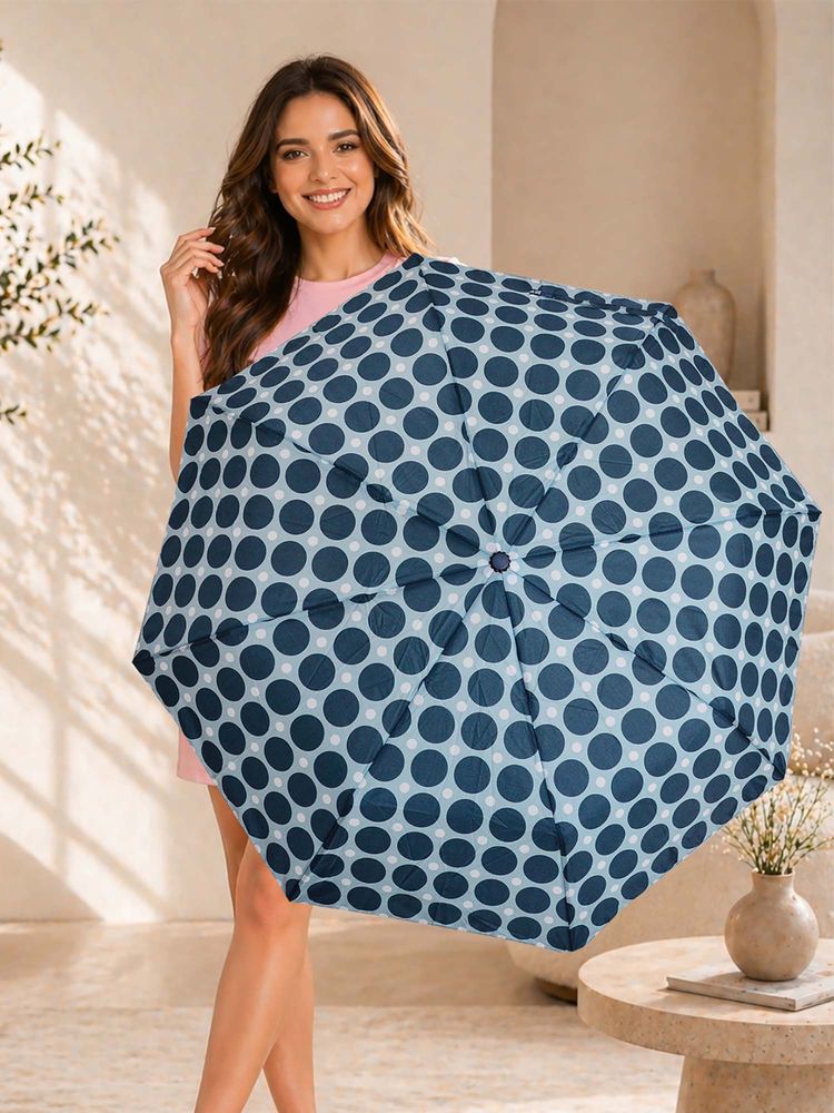 FABINALIV Blue Polka Dot Auto ON/OFF Waterproof Automatic Compact 3 Fold Printed Umbrella-image-10