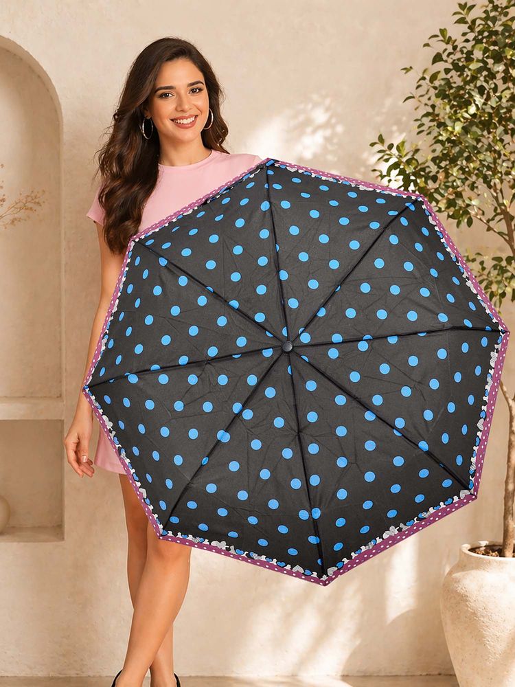 FABINALIV Black Polka Dot Auto ON/OFF Waterproof Automatic Compact 3 Fold Printed Umbrella-image-4