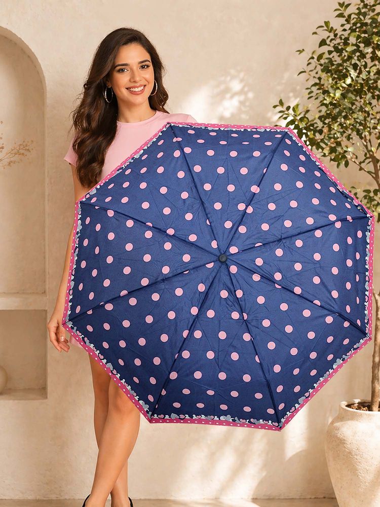 FABINALIV Navy Blue Polka Dot Auto ON/OFF Waterproof Automatic Compact 3 Fold Printed Umbrella-image-29