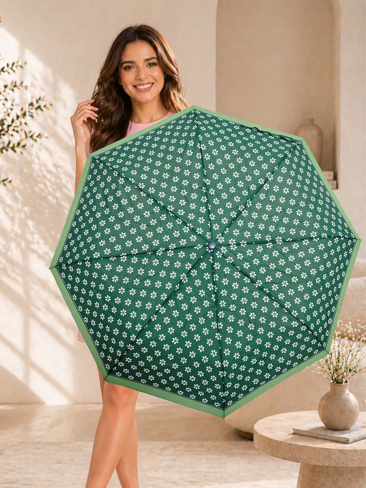 FABINALIV Green Floral Auto ON/OFF Waterproof Automatic Compact 3 Fold Printed Umbrella-image-35