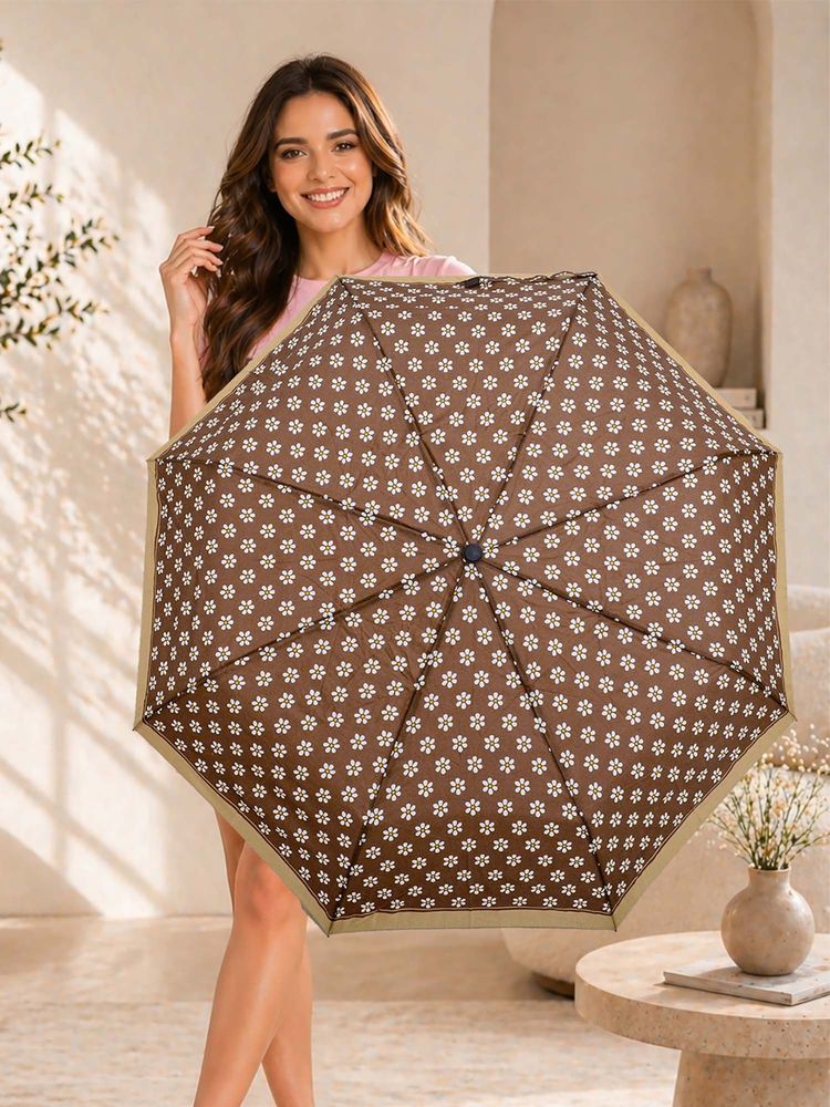 FABINALIV Brown Floral Auto ON/OFF Waterproof Automatic Compact 3 Fold Printed Umbrella-image-39