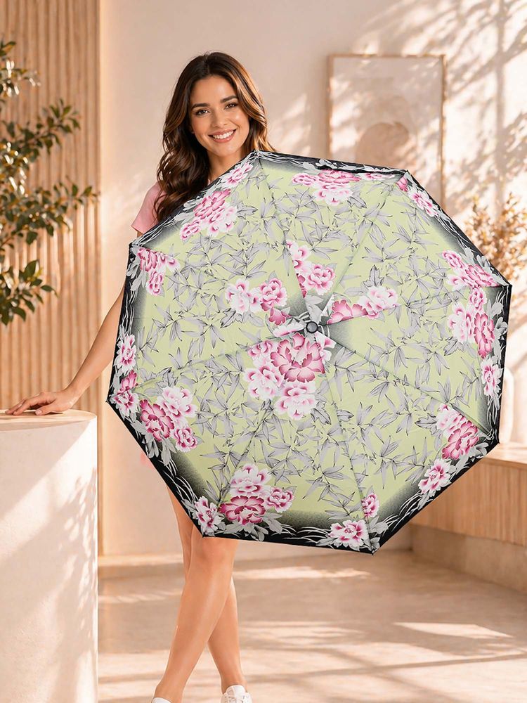 FABINALIV Light Green Floral Auto ON/OFF Waterproof Automatic Compact 3 Fold Printed Umbrella-image-44