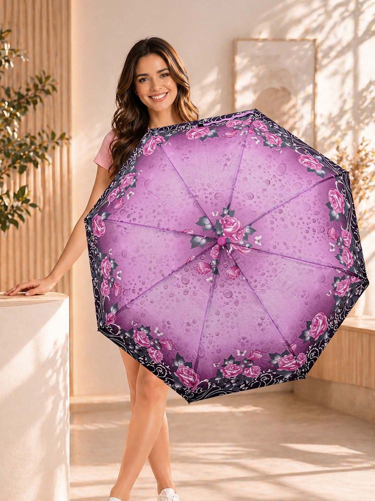 FABINALIV Purple Floral Auto ON/OFF Waterproof Automatic Compact 3 Fold Printed Umbrella-image-47