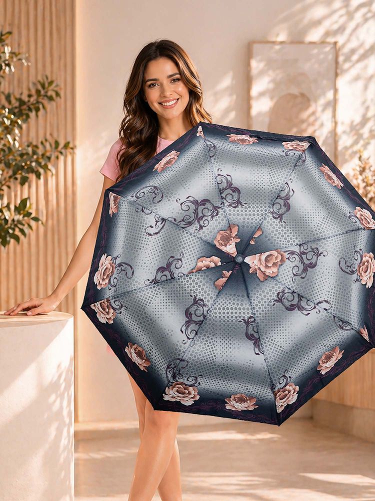 FABINALIV Grey Floral Auto ON/OFF Waterproof Automatic Compact 3 Fold Printed Umbrella-picture-13