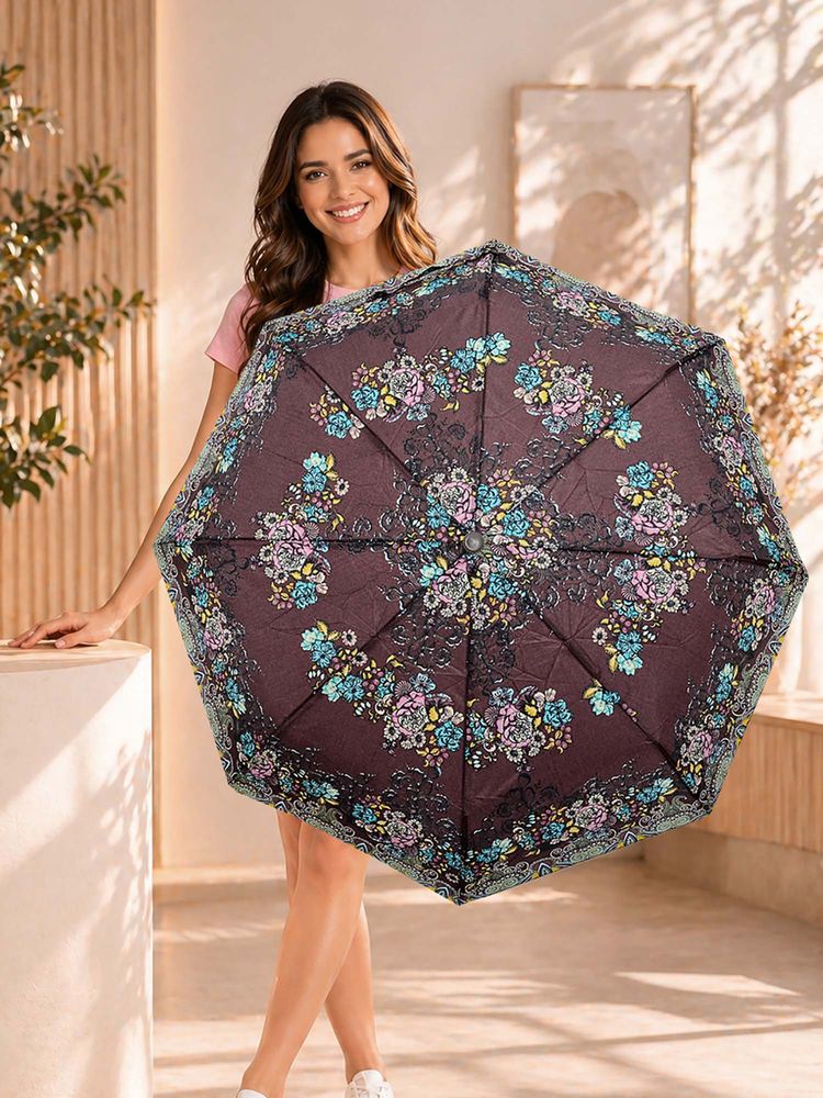 FABINALIV Brown Floral Auto ON/OFF Waterproof Automatic Compact 3 Fold Printed Umbrella-image-42