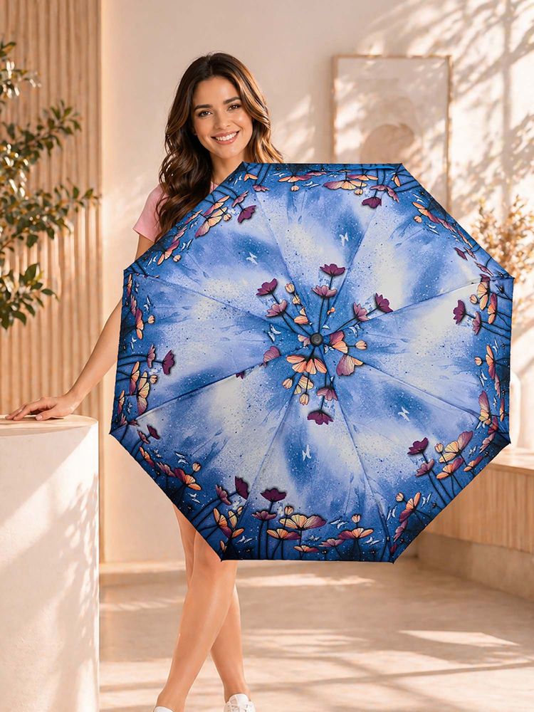 FABINALIV Blue Floral Auto ON/OFF Waterproof Automatic Compact 3 Fold Printed Umbrella-image-49