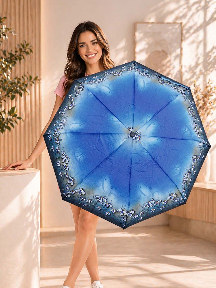 FABINALIV Sky Blue Floral Auto ON/OFF Waterproof Automatic Compact 3 Fold Printed Umbrella-image-38