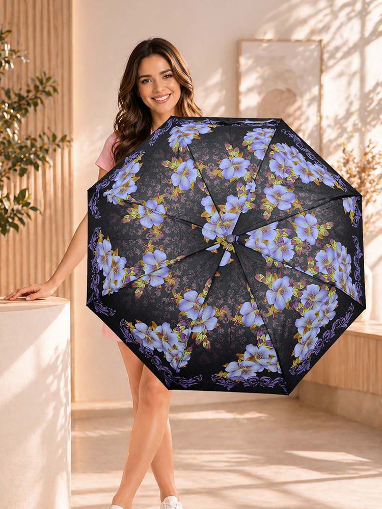 FABINALIV Black Floral Auto ON/OFF Waterproof Automatic Compact 3 Fold Printed Umbrella-image-9