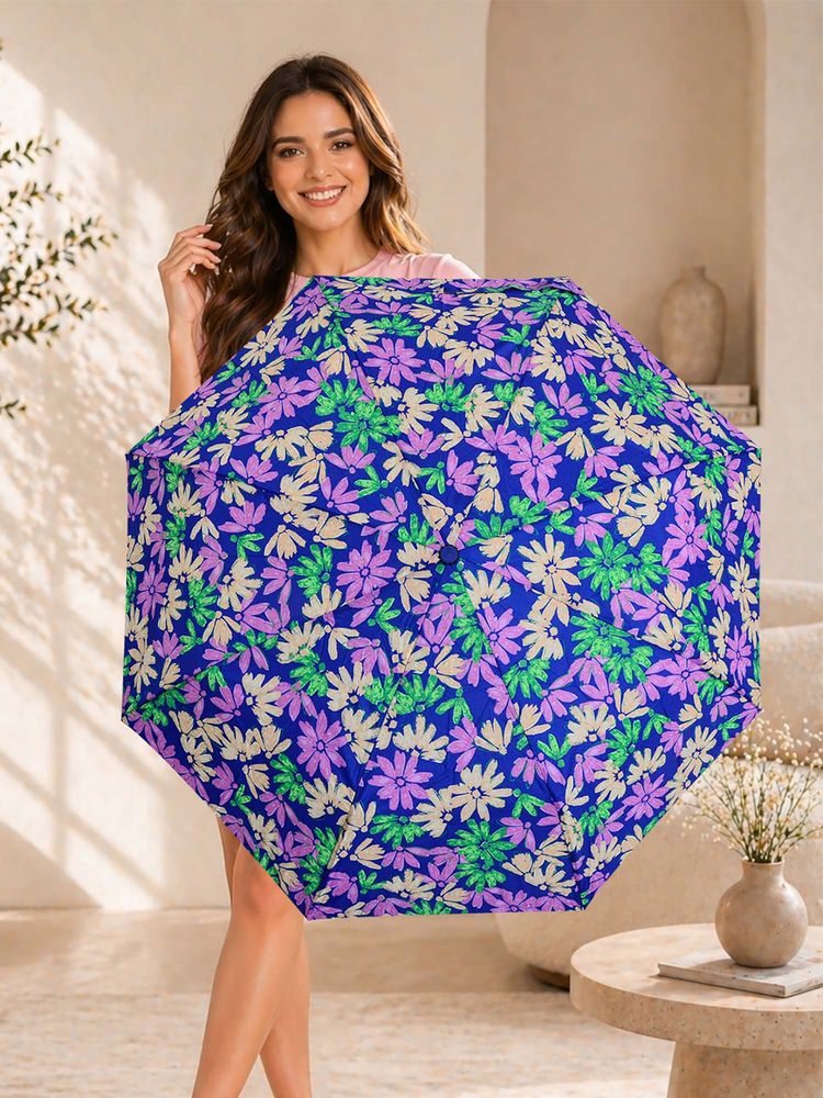 FABINALIV Blue Floral Auto ON/OFF Waterproof Automatic Compact 3 Fold Printed Umbrella-image-43