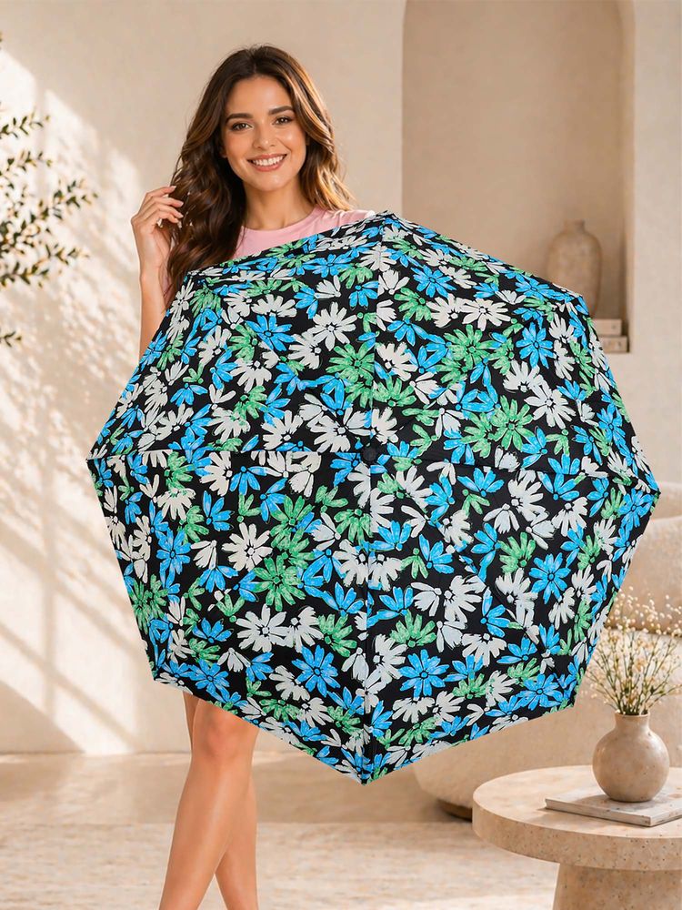 FABINALIV Black Floral Auto ON/OFF Waterproof Automatic Compact 3 Fold Printed Umbrella-image-24