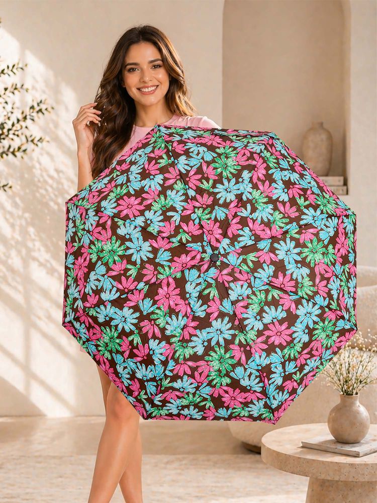 FABINALIV Brown Floral Auto ON/OFF Waterproof Automatic Compact 3 Fold Printed Umbrella-image-36