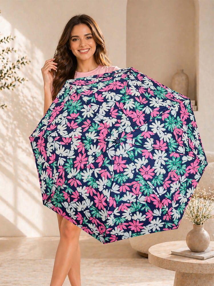 FABINALIV Navy Blue Floral Auto ON/OFF Waterproof Automatic Compact 3 Fold Printed Umbrella-image-30