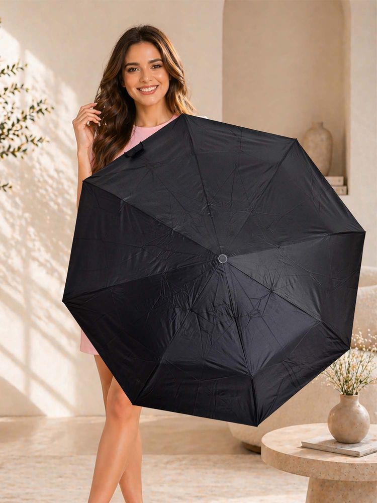 FABINALIV Black Solid Auto ON/OFF Waterproof Automatic 3 Fold Compact Umbrella-image-0