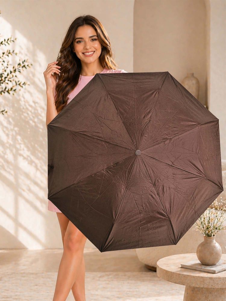FABINALIV Brown Solid Auto ON/OFF Waterproof Automatic 3 Fold Compact Umbrella-image-6
