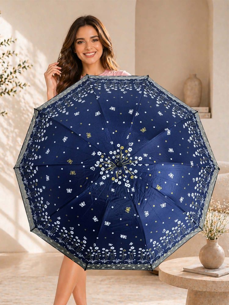 FABINALIV Navy Blue Floral Waterproof 3 Fold Compact Printed Umbrella-picture-19