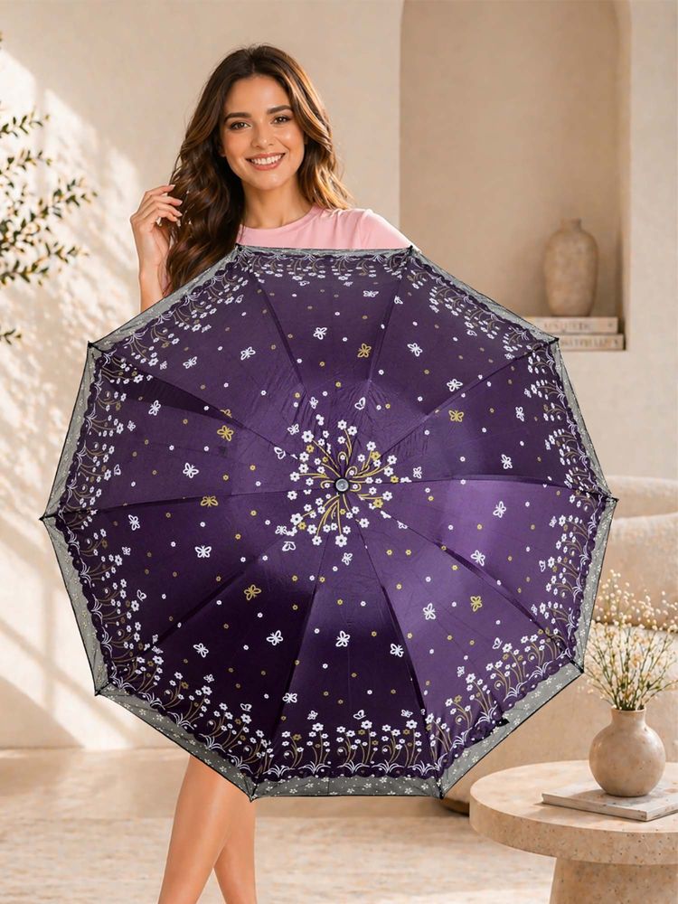 FABINALIV Purple Floral Waterproof 3 Fold Compact Printed Umbrella-image-44