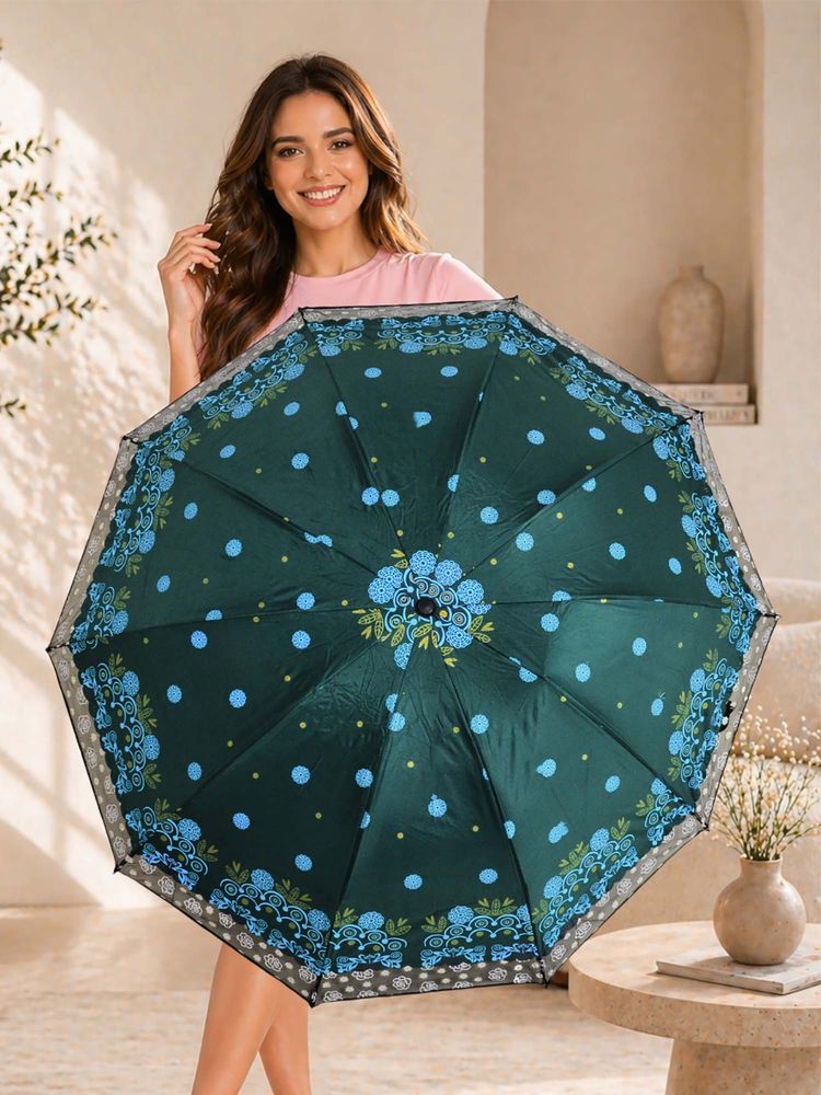 FABINALIV Green Floral Waterproof 3 Fold Compact Printed Umbrella-image-39