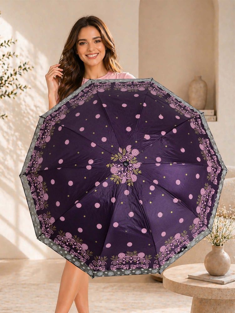 FABINALIV Purple Floral Waterproof 3 Fold Compact Printed Umbrella-picture-10