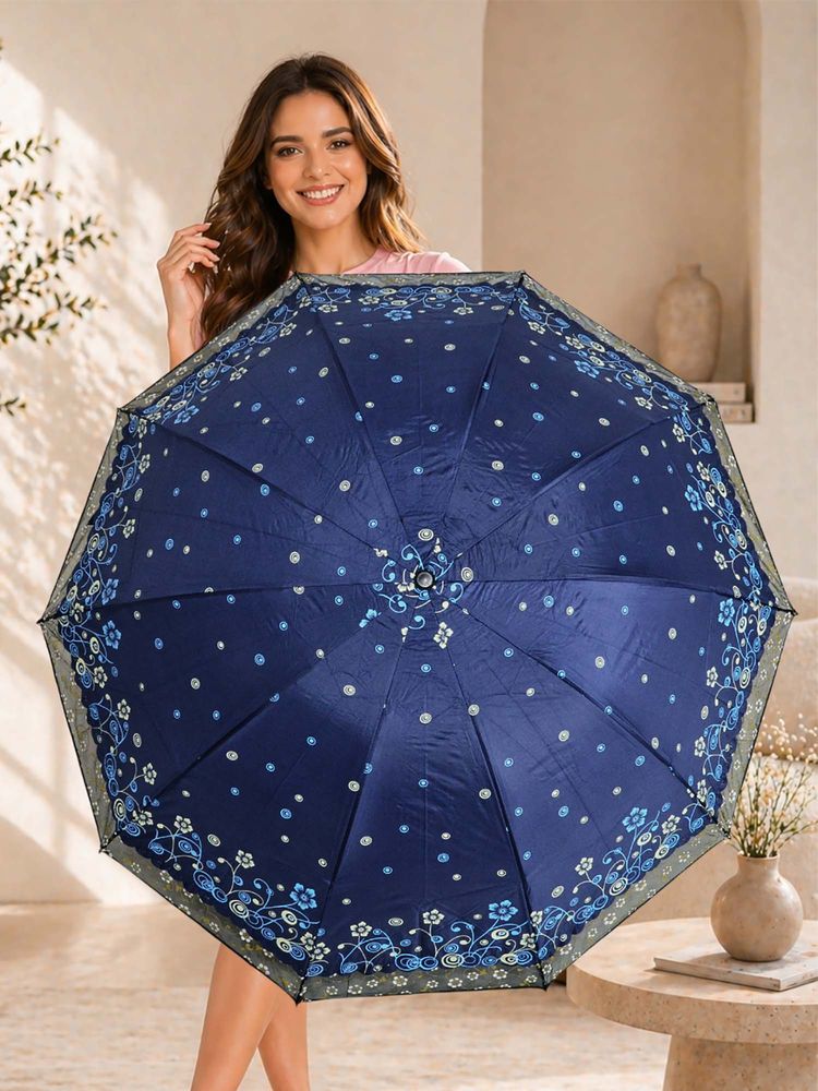 FABINALIV Navy Blue Floral Waterproof 3 Fold Compact Printed Umbrella-picture-11