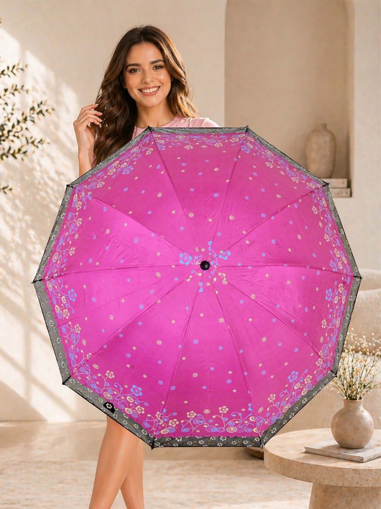 FABINALIV Pink Floral Waterproof 3 Fold Compact Printed Umbrella-image-40