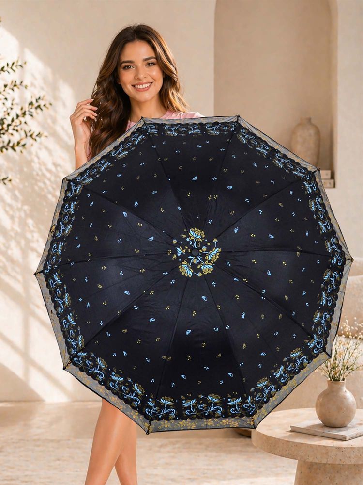 FABINALIV Black Floral Waterproof 3 Fold Compact Printed Umbrella-picture-21