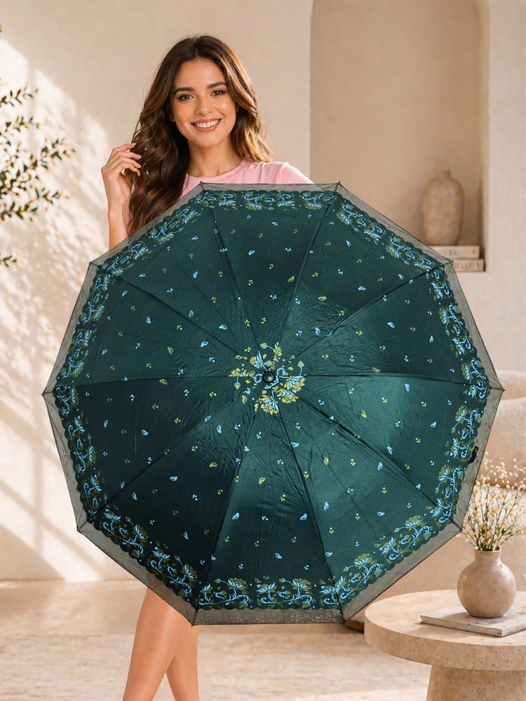 FABINALIV Green Floral Waterproof 3 Fold Compact Printed Umbrella-image-41