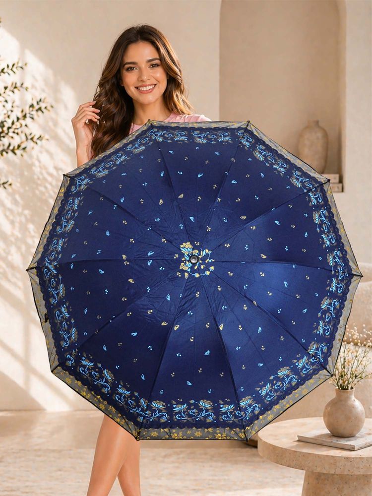 FABINALIV Navy Blue Floral Waterproof 3 Fold Compact Printed Umbrella-image-27
