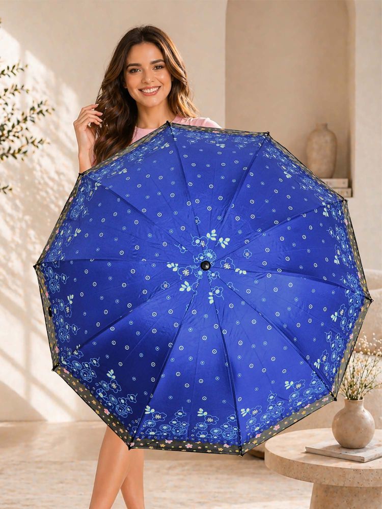FABINALIV Blue Floral Waterproof 3 Fold Compact Printed Umbrella-image-38