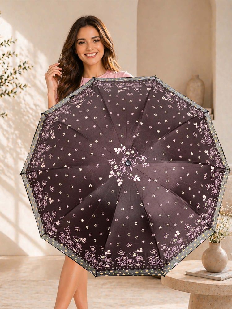 FABINALIV Brown Floral Waterproof 3 Fold Compact Printed Umbrella-image-40