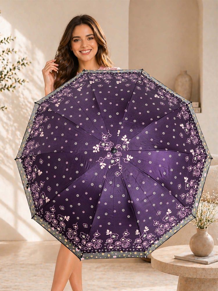 FABINALIV Purple Floral Waterproof 3 Fold Compact Printed Umbrella-image-48
