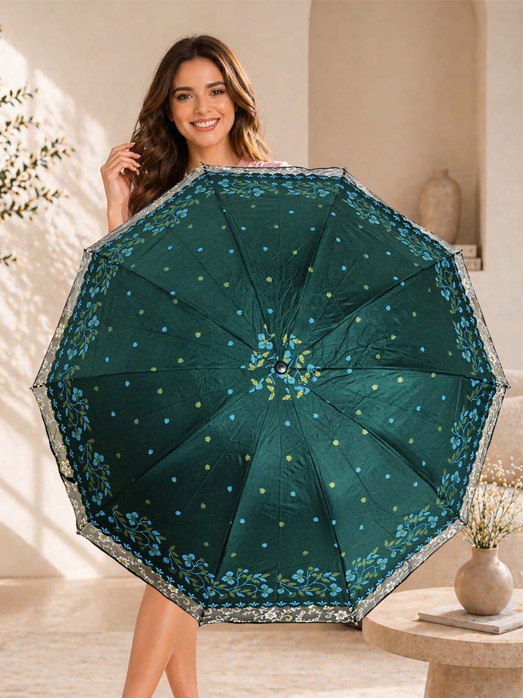 FABINALIV Green Floral Waterproof 3 Fold Compact Printed Umbrella-image-41