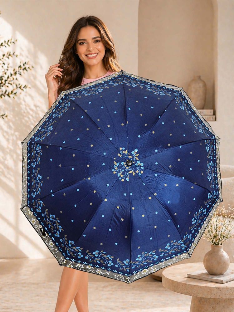 FABINALIV Navy Blue Floral Waterproof 3 Fold Compact Printed Umbrella-image-28