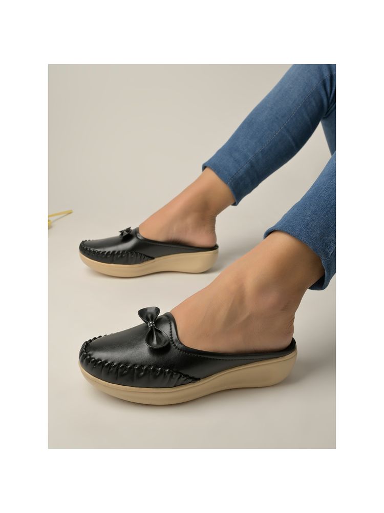 Shoetopia Women Upper Bow Detailed Black Slip On Loafers-picture-28