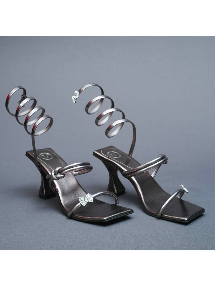 Sana K Luxurious Footwear Grey Open Toe Gun Metal Heels-image-23