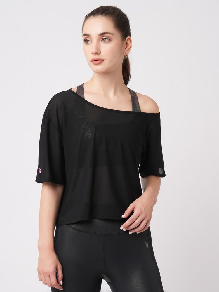 BODD ACTIVE Black Mesh One Shoulder T-Shirt-picture-10