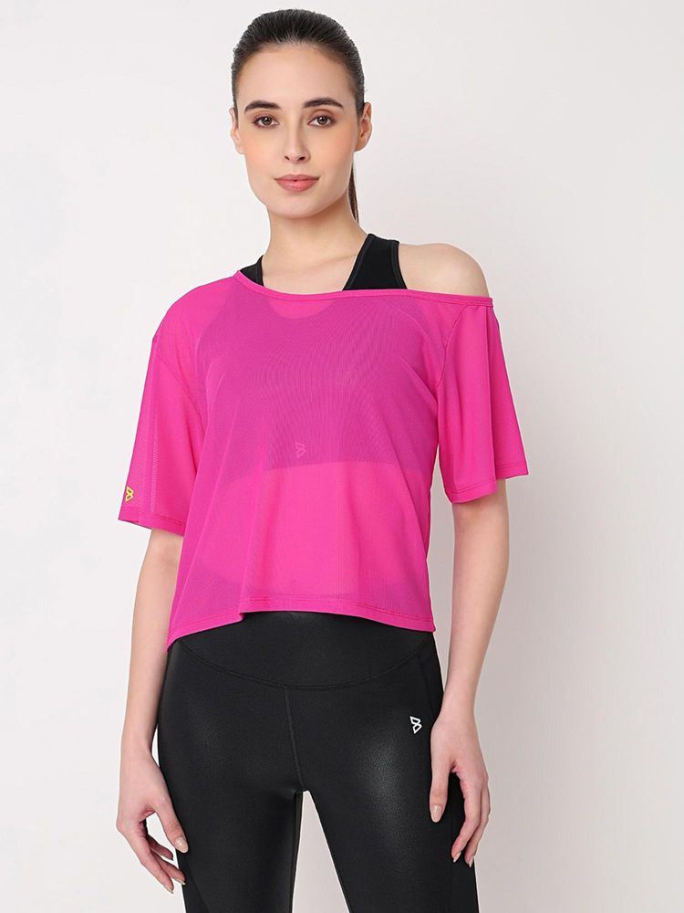 BODD ACTIVE Hot Pink Mesh One Shoulder T-Shirt-picture-27