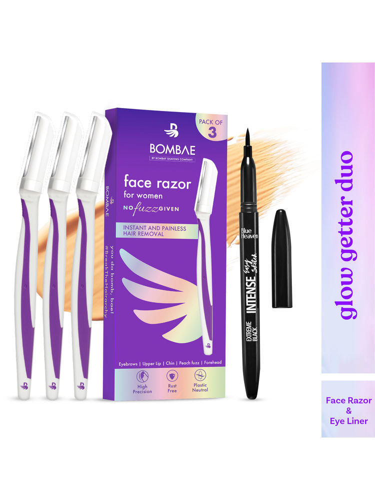 Bombae Reusable & Painless Face & Eyebrow Razor + Blue Heaven Intense Easy Sketch Eyeliner Combo