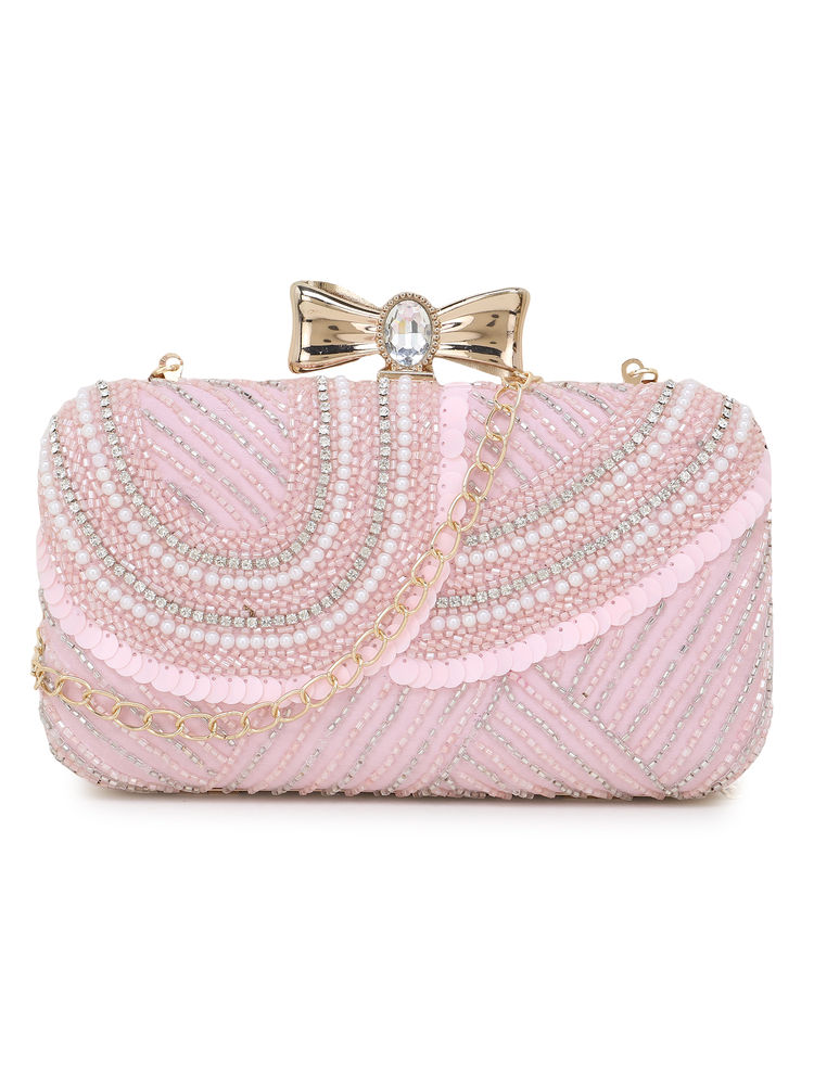 Anekaant Adorn Baby Pink & White Embellished Faux Silk Clutch-image-1