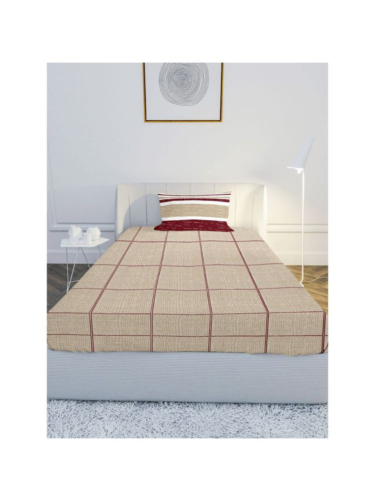 100% Cotton 144TC Single Bedsheet with 1 Pillow Cover Checks Brown (Single)-image-2