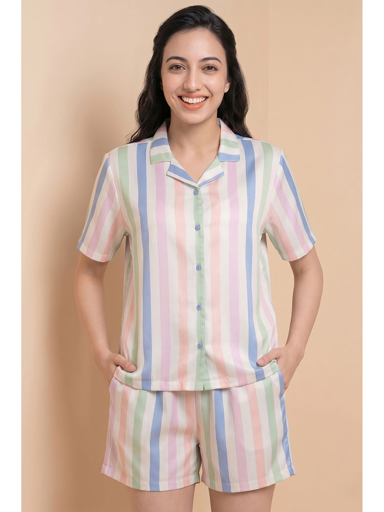 Zivame Multicolour Stripes Loungewear Shirt with Shorts-picture-16