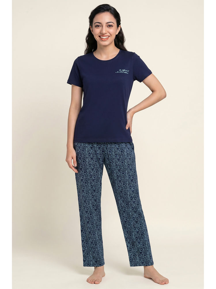 Zivame Navy Blue Knit Cotton Printed T-Shirt with Pajama-picture-14