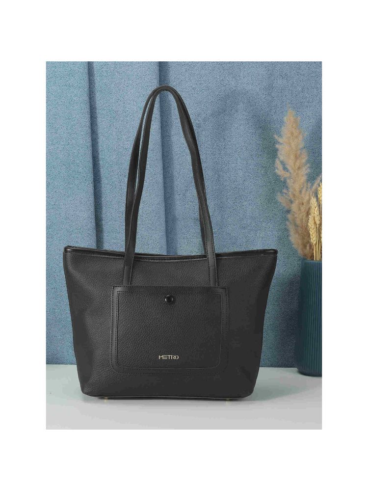 Metro Stylish Faux Leather Shoulder Bag with Applique Branding and Zipped Closure, Black-picture-14