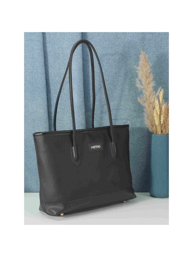 Metro Stylish Faux Leather Shoulder Bag with Applique Branding and Zipped Closure, Black-image-28