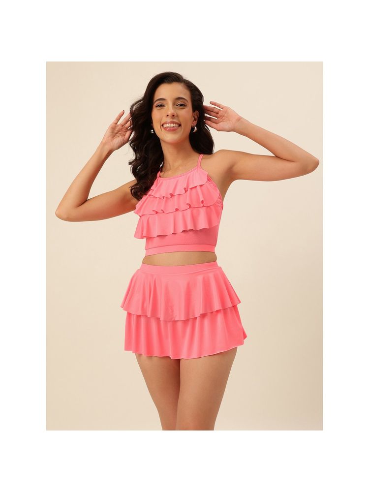 Cukoo Padded Pink Two Piece Skirtini Swimwear (Set of 2)