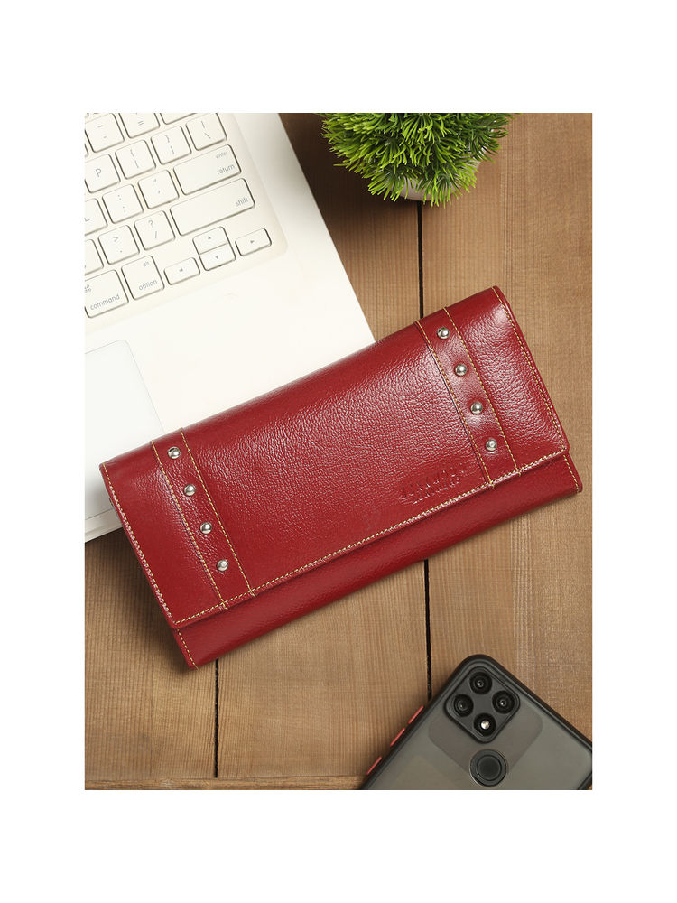 Teakwood Women Red Solid Two Fold Leather Wallet-image-16