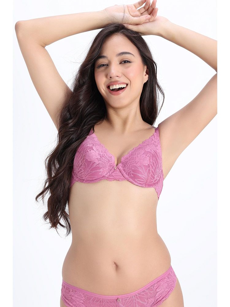 Zivame Bridal Boudoir Padded Plunged Wired Medium Coverage Lace Bra - Violet-image-4