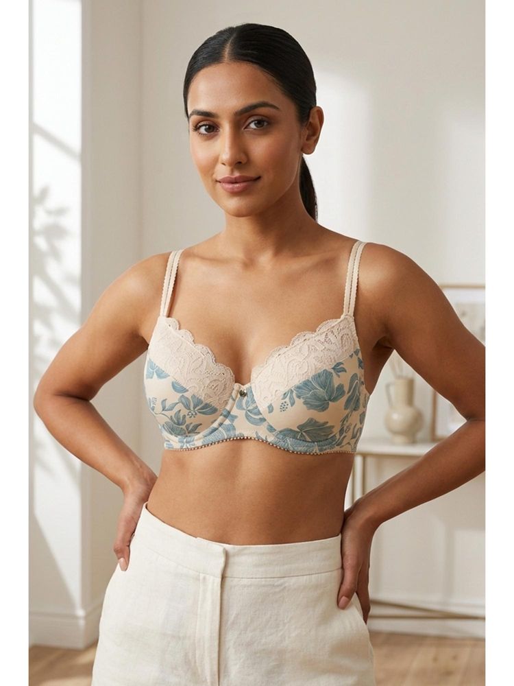 Zivame Padded Wired 3/4Th Coverage Lace Bra - White Base With Blue Flower-picture-12