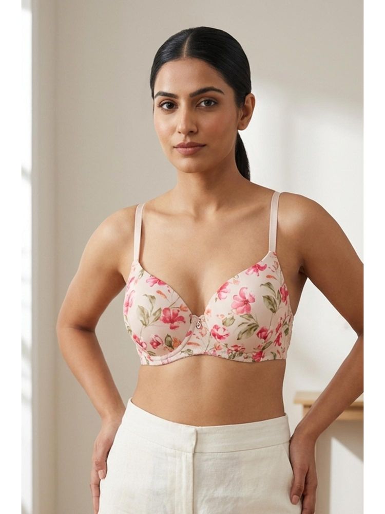 Zivame Padded Non Wired 3/4Th Coverage T-Shirt Bra - Light Pink Base With Flower-picture-28
