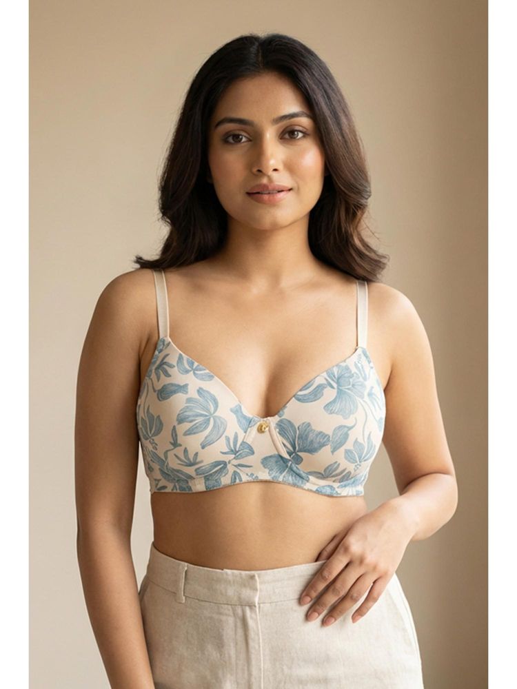 Zivame Padded Non Wired 3/4Th Coverage T-Shirt Bra - White Base With Blue Flower-picture-29