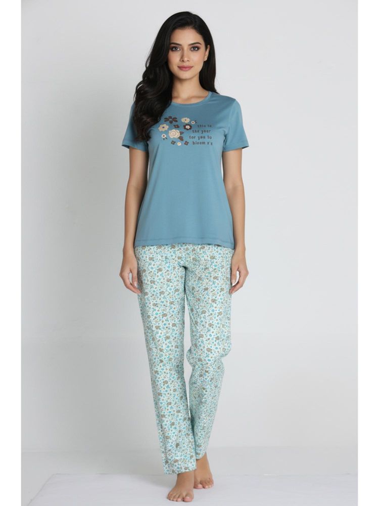 Zivame Knit Cotton Nightsuit - Pale Aqua-picture-32
